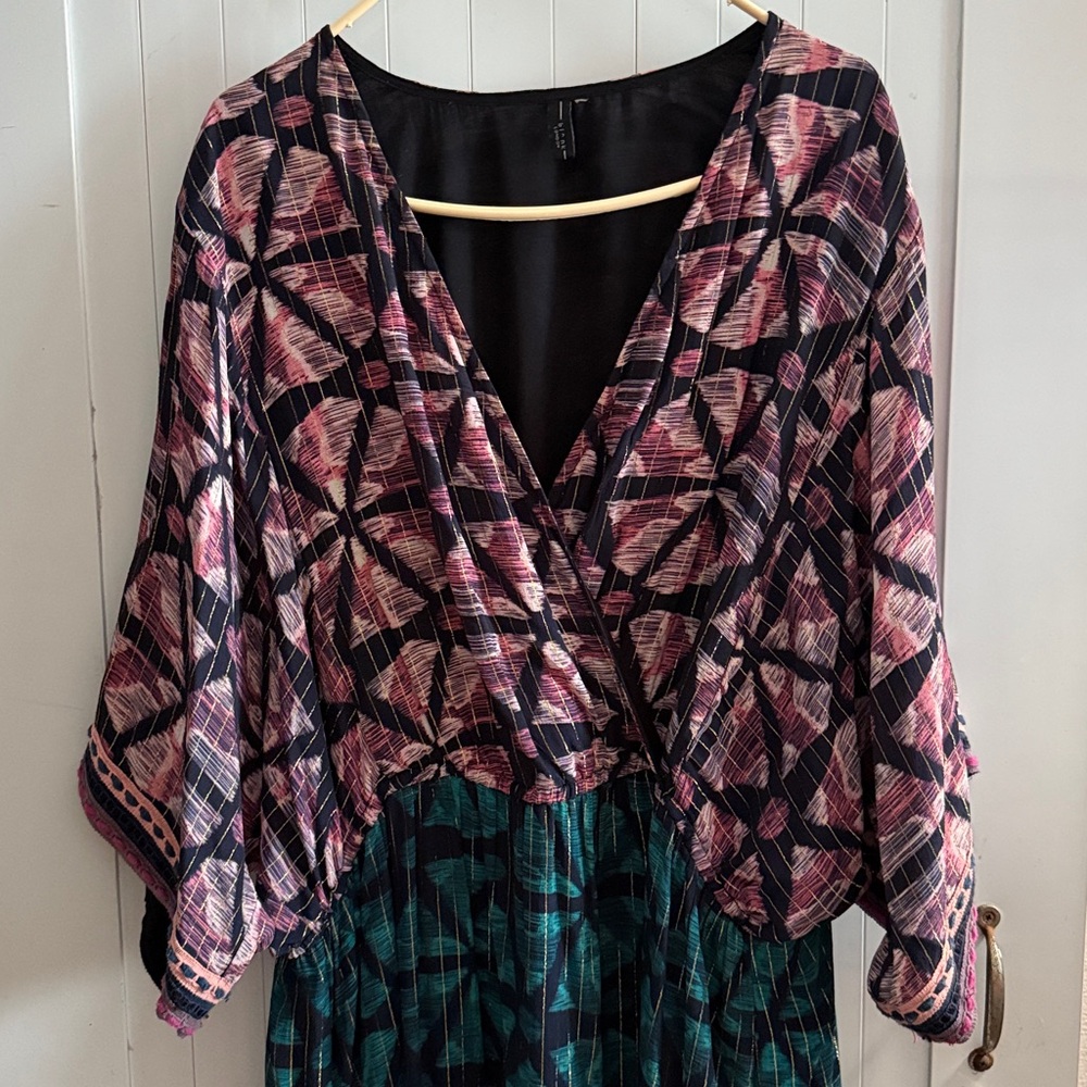 Anthropologie Printed Multicolor Maxi Dress with Teal & Pink Accents